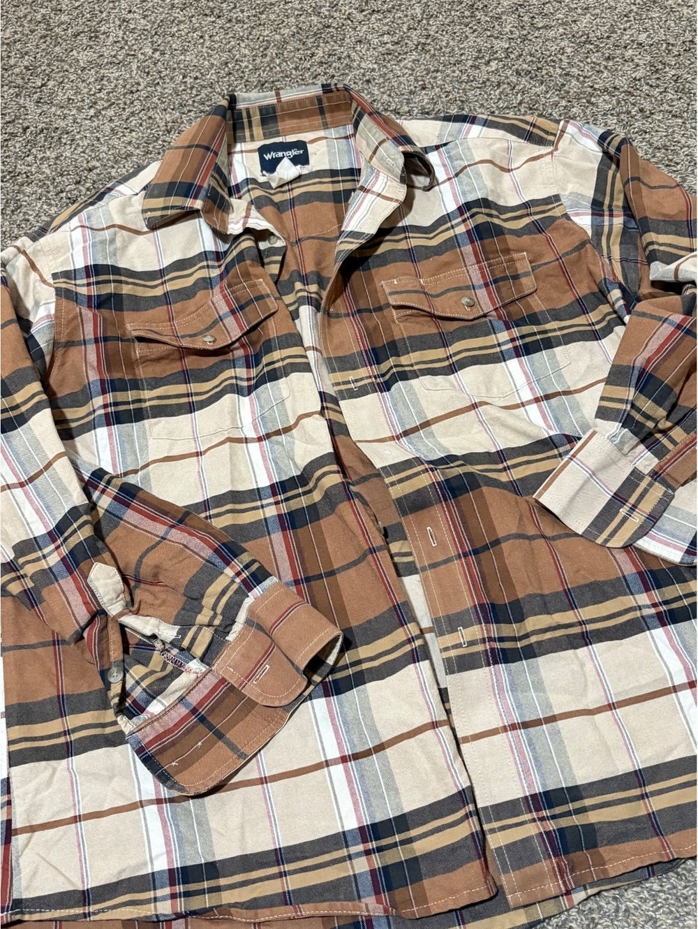 Wrangler Men's Pearl Snap Western Plaid Shirt XL Brown Tan Cream 24x30